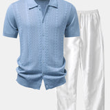 Twisted Jacquard Button Up Knit Shirt & Straight Leg Linen Pants