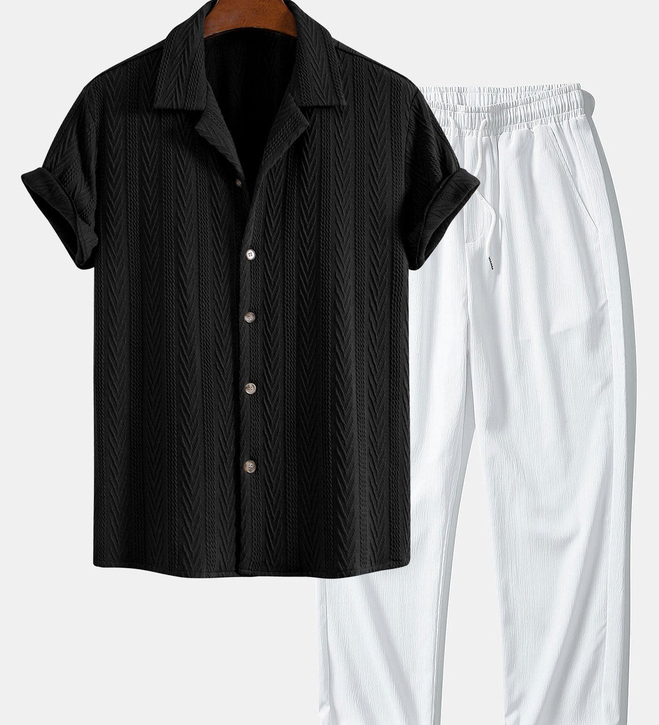 Textuur Jacquard Cubaanse Shirt & Kreukel Textuur Rechte Pantalon