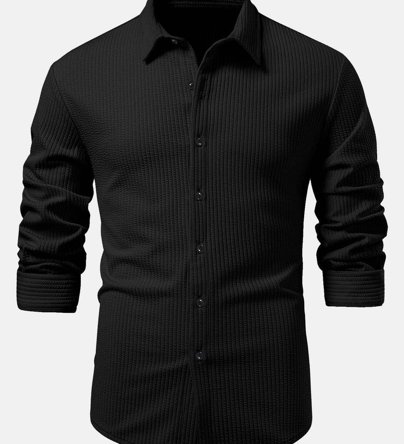 Ribbed Long Sleeve Muscle-Fit Button-Up Shirt