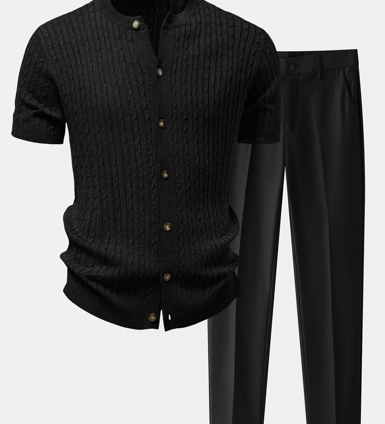 Twisted Jacquard Crew Neck Button Up Knit Shirt & Slim Fit Tapered Trousers