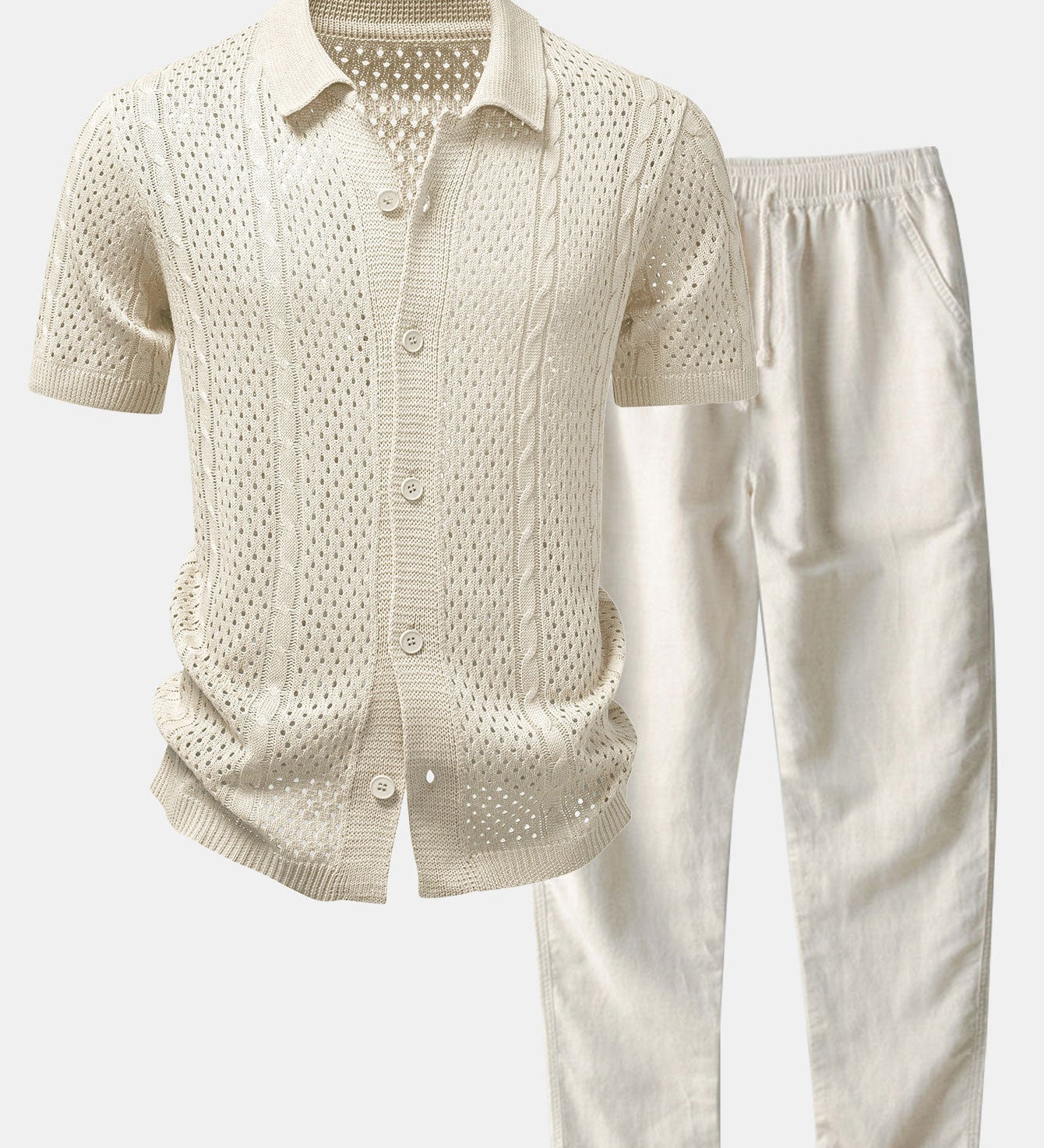 Open Knit Shirt & Straight Leg Linen Pants