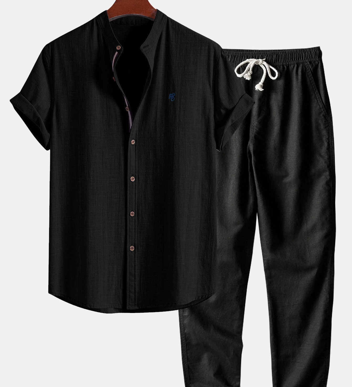 Short Sleeve Linen Look Stand Collar Shirt & Straight Leg Linen Pants