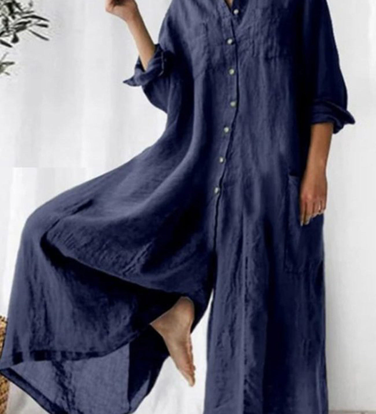 Casual Plain Lapel Collar Single Breasted Wide Leg Jumpsuit