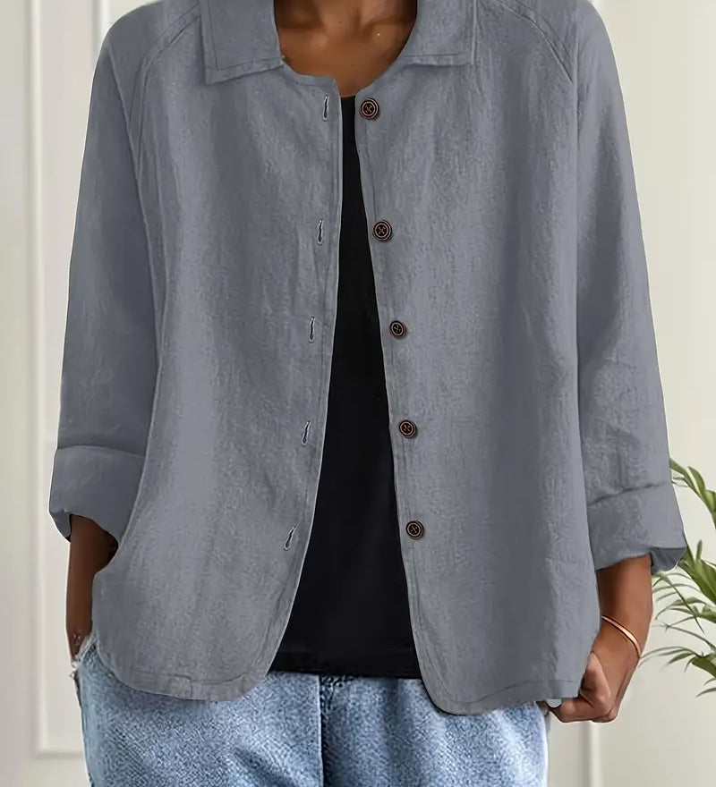 Amélie Rousseau | Sky Breeze Button Linen Jacket with Relaxed Elegance For Women