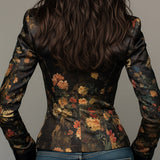 Elegant Oil Painting-style Floral Print Fitted Satin Blazer