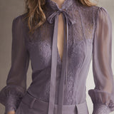 Retro Elegant Lace Stand-up Collar Tie Neck Chiffon Blouse