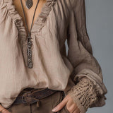 Easy-to-wear Ruffled Pleated Collar Cotton Linen Blouse