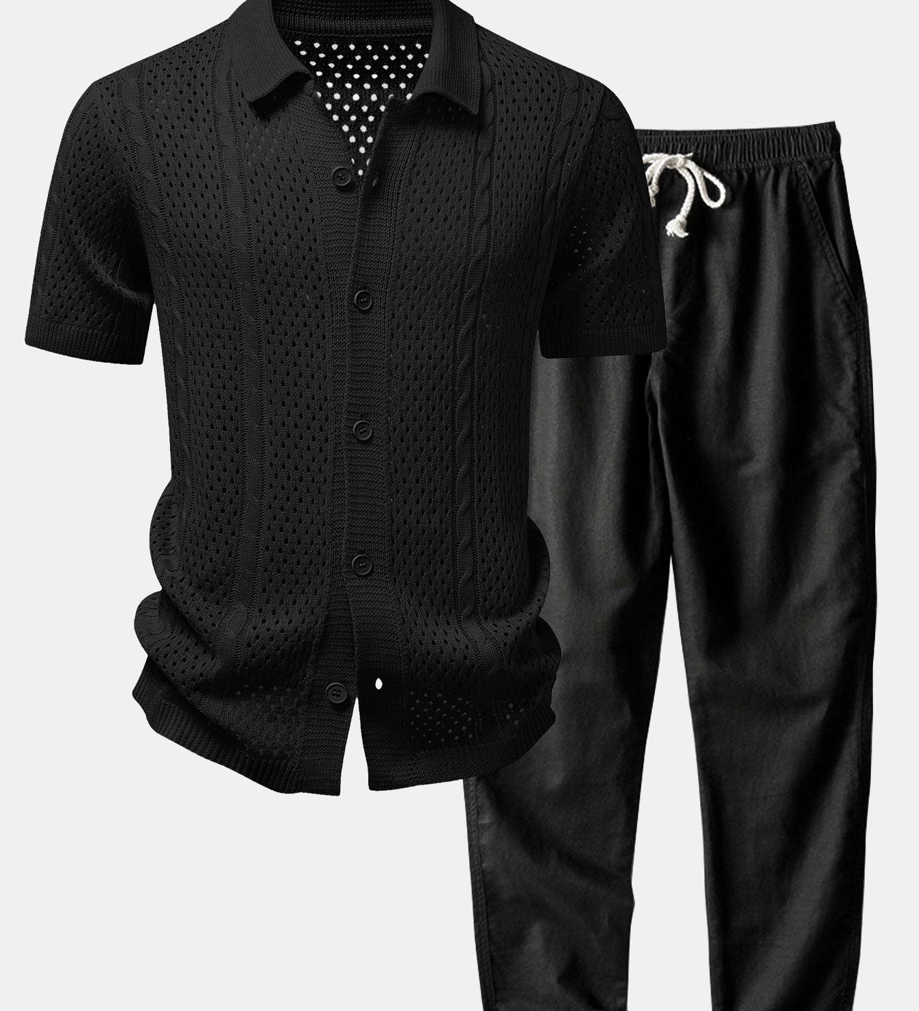 Open Knit Shirt & Straight Leg Linen Pants