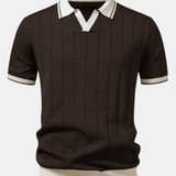 Contrast Trim Ribbed Johnny Collar Knit Polo & Slim Fit Tapered Trousers