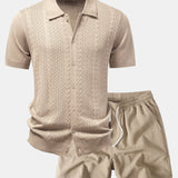 Twisted Jacquard Button Up Knit Shirt & Crinkle Textured Drawstring 5" Shorts