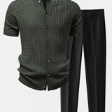 Twisted Jacquard Crew Neck Button Up Knit Shirt & Slim Fit Tapered Trousers