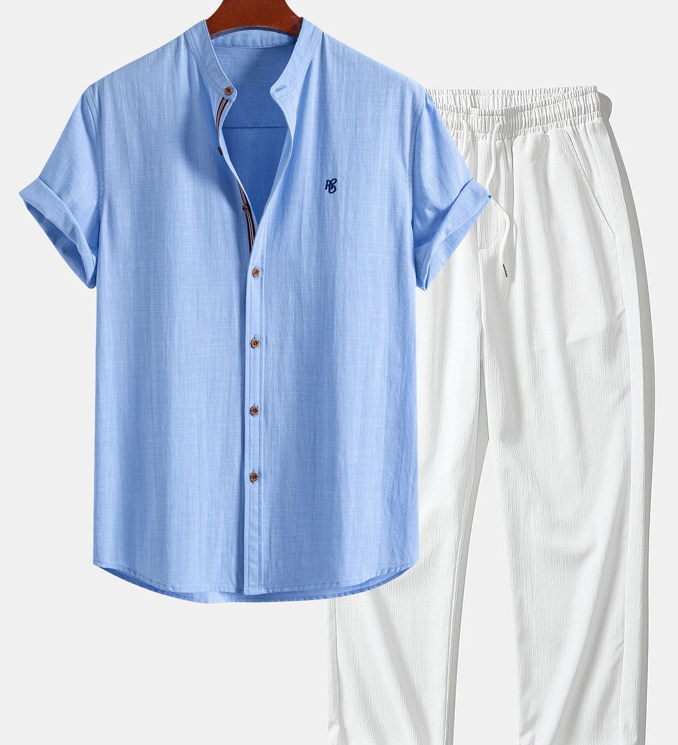 Short Sleeve Linen Look Stand Collar Shirt & Crinkle Textured Straight Leg Pants