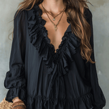Romantic Bohemian Ruffle Trim V-Neck Lightweight Black Blouse