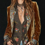 Vintage Lapel Polyester Velvet Floral Print Patchwork Blazer