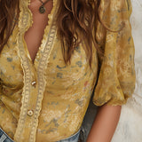 Bohemian Floral Print Chiffon Blouse With Lace Trim