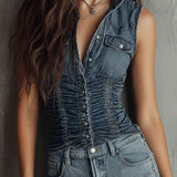 Retro Blue Ruched Denim Sleeveless Shirt