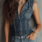 Retro Blue Ruched Denim Sleeveless Shirt