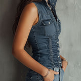 Retro Blue Ruched Denim Sleeveless Shirt