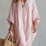 Bohemian-style Soft Pink Striped Kaftan Dress