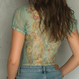 Retro-print Slim-fit Chiffon Short-sleeved Blouse