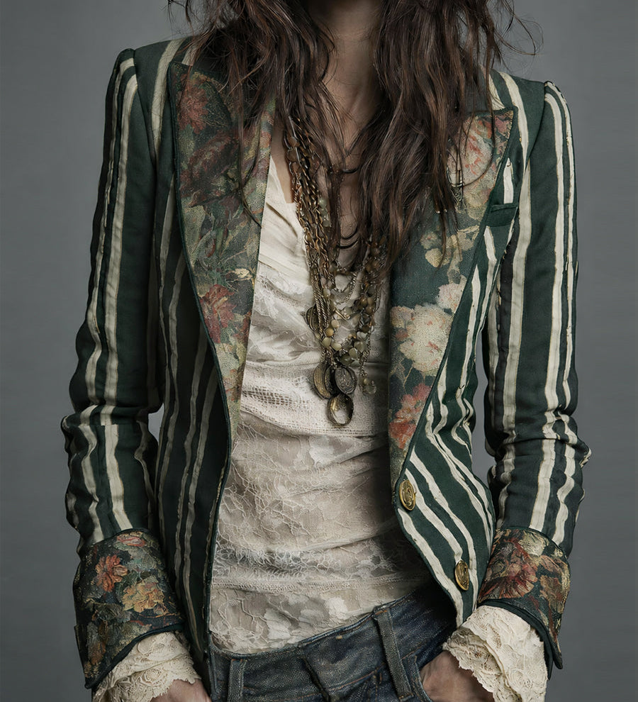Bohemian Floral Print Cotton And Linen Striped Blazer