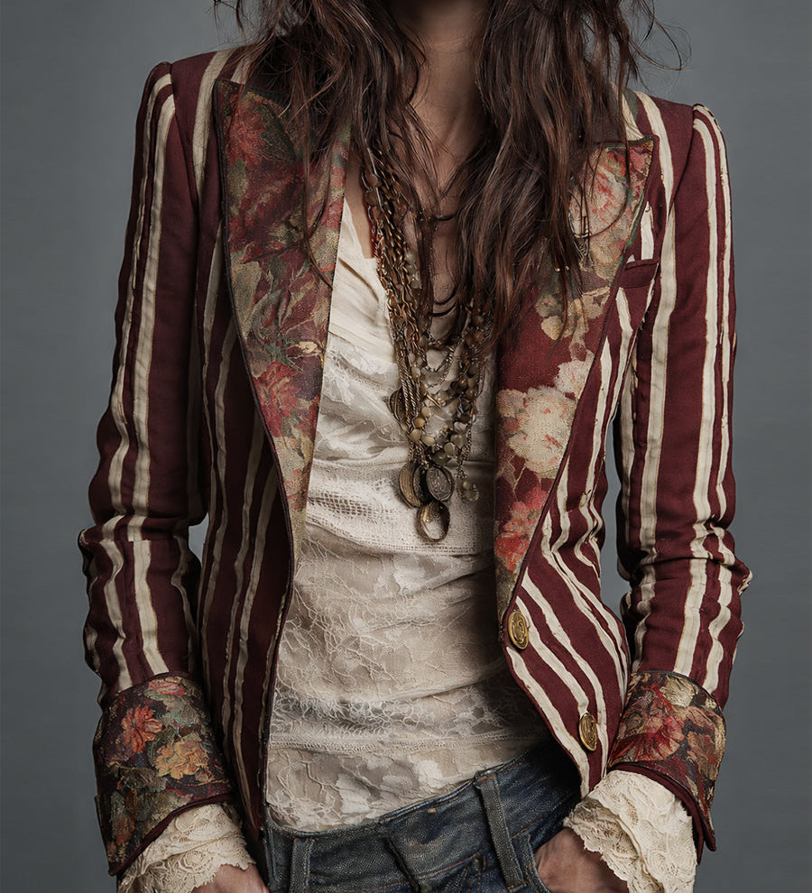 Bohemian Floral Print Cotton And Linen Striped Blazer