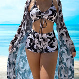 Gabriela™ | Raštuotas 3 dalių bikinio komplektas