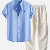 Short Sleeve Linen Look Stand Collar Shirt & Straight Leg Linen Pants