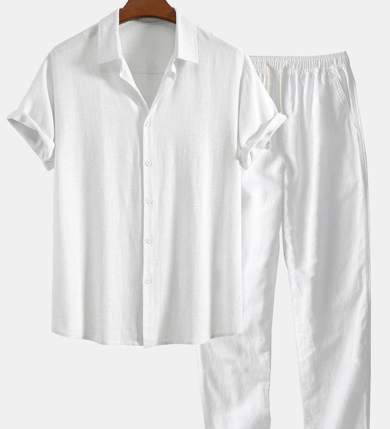Linnen Rayon Mix Knopen Shirt & Rechte Pijpen Linnen Broek