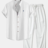 Short Sleeve Linen Look Stand Collar Shirt & Crinkle Textured Straight Leg Pants