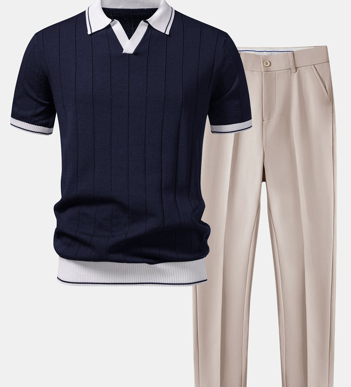 Contrast Trim Ribbed Johnny Collar Knit Polo & Slim Fit Tapered Trousers