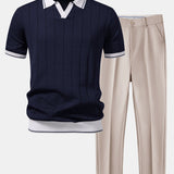 Contrast Trim Ribbed Johnny Collar Knit Polo & Slim Fit Tapered Trousers