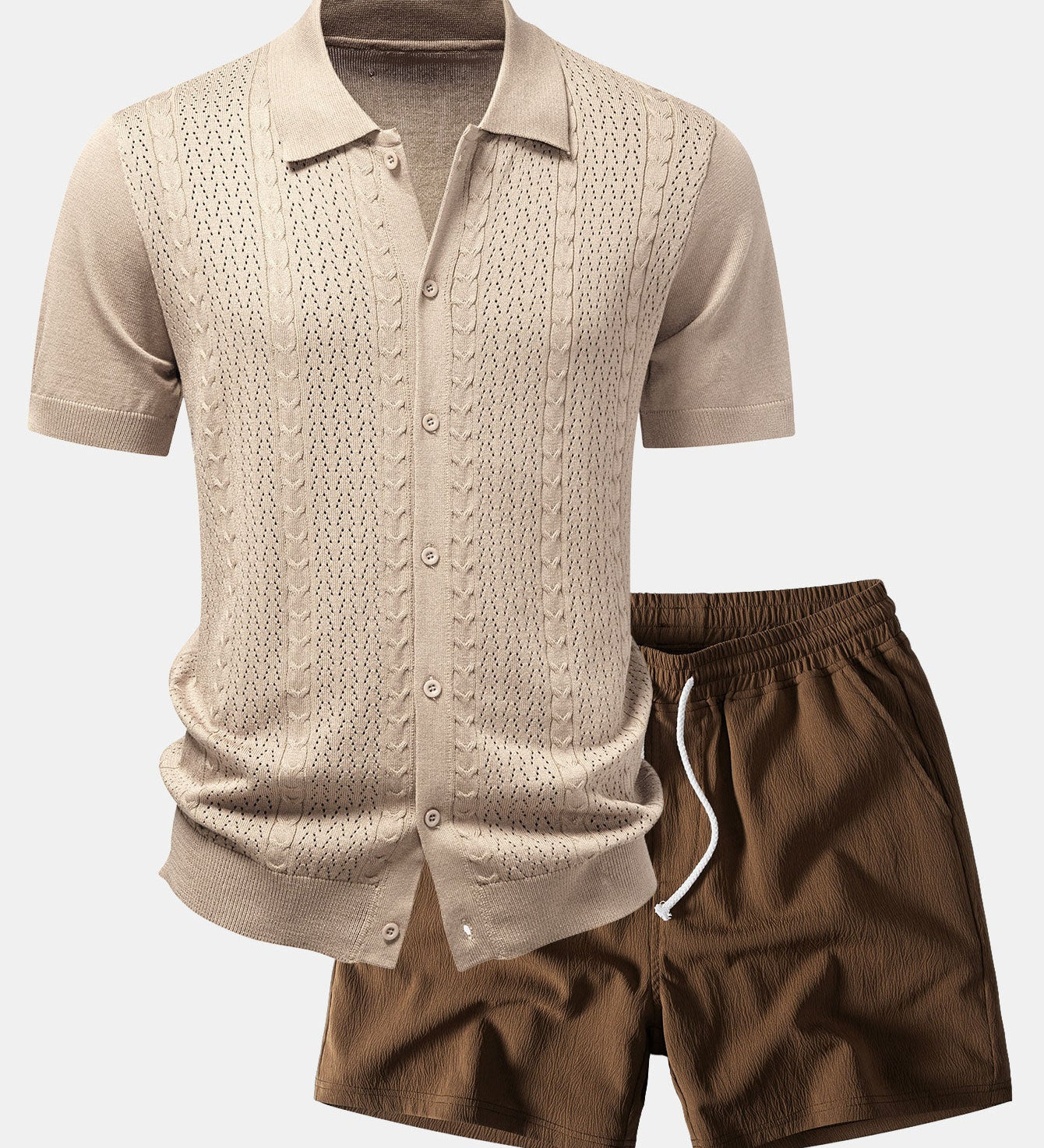 Twisted Jacquard Button Up Knit Shirt & Crinkle Textured Drawstring 5" Shorts