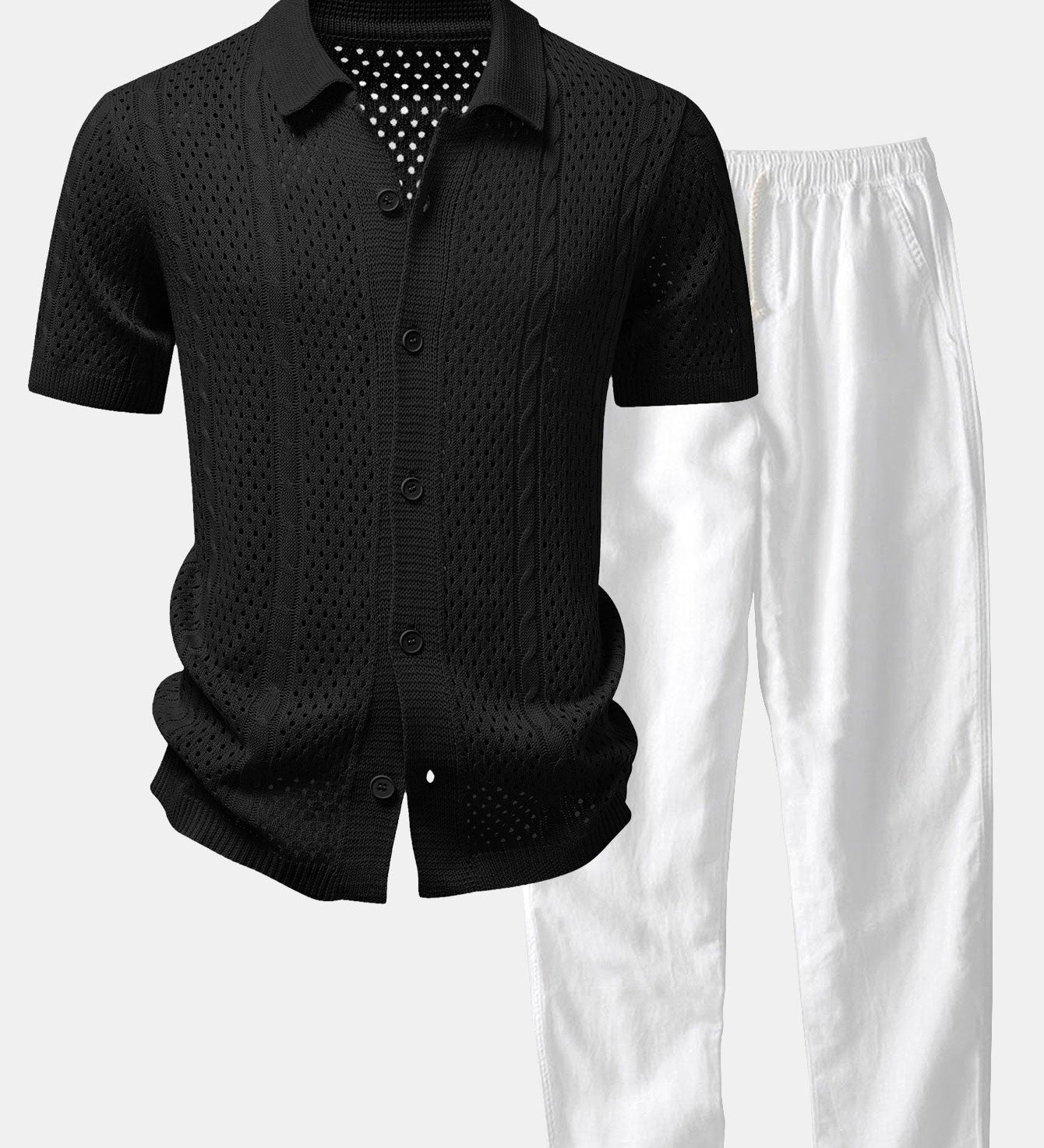 Open Knit Shirt & Straight Leg Linen Pants