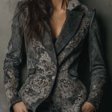 Embossed Floral Eco-Suede Blazer In Charcoal Taupe
