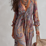 Vintage Paisley Print V neck Dress With Tie Waist