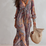 Vintage Paisley Print V neck Dress With Tie Waist