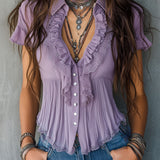 Vintage Boho Lavender Pleated Ruffled Lace Blouse