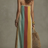 Bohemian Style Striped Color Block Spaghetti Strap Long Dress