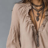Easy-to-wear Ruffled Pleated Collar Cotton Linen Blouse