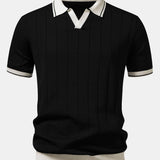 Contrast Trim Ribbed Johnny Collar Knit Polo & Elastic Waist Straight Leg Trousers