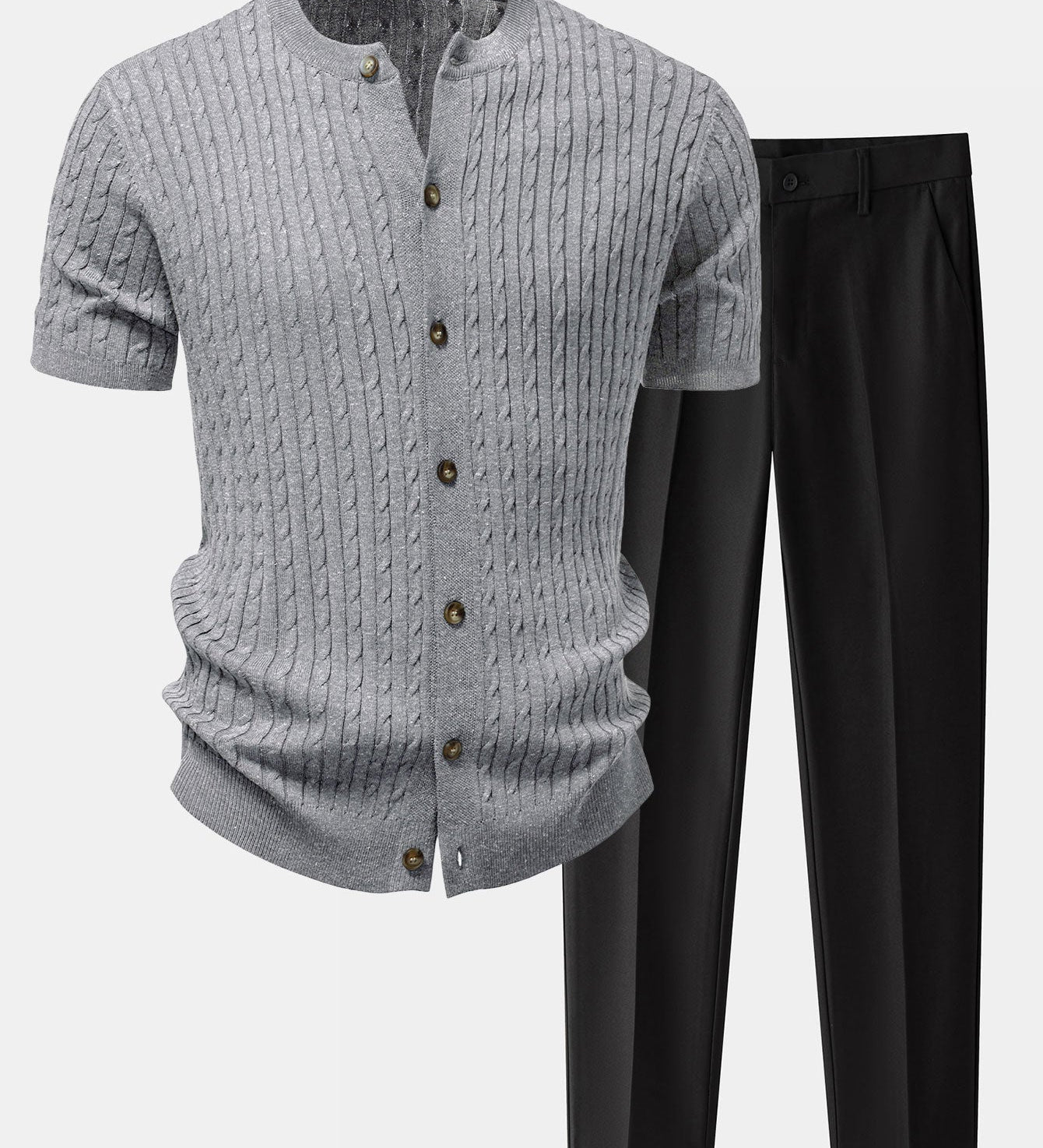 Twisted Jacquard Crew Neck Button Up Knit Shirt & Slim Fit Tapered Trousers
