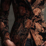 Velvet Floral Print Blazer In Black And Bronze