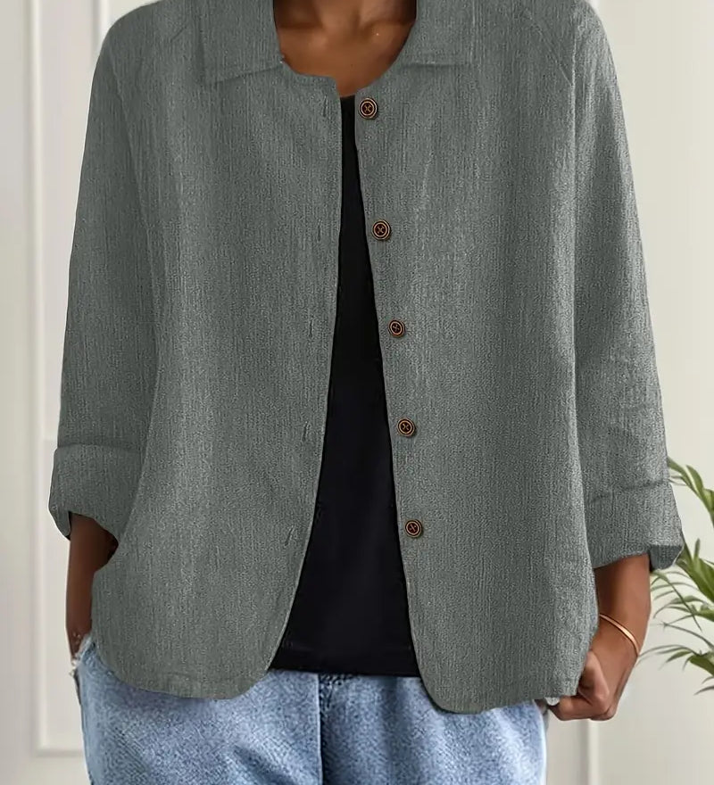 Amélie Rousseau | Sky Breeze Button Linen Jacket with Relaxed Elegance For Women