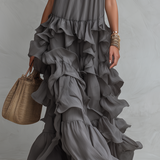 Elegant Grey Romantic Layered Ruffle Long Dress