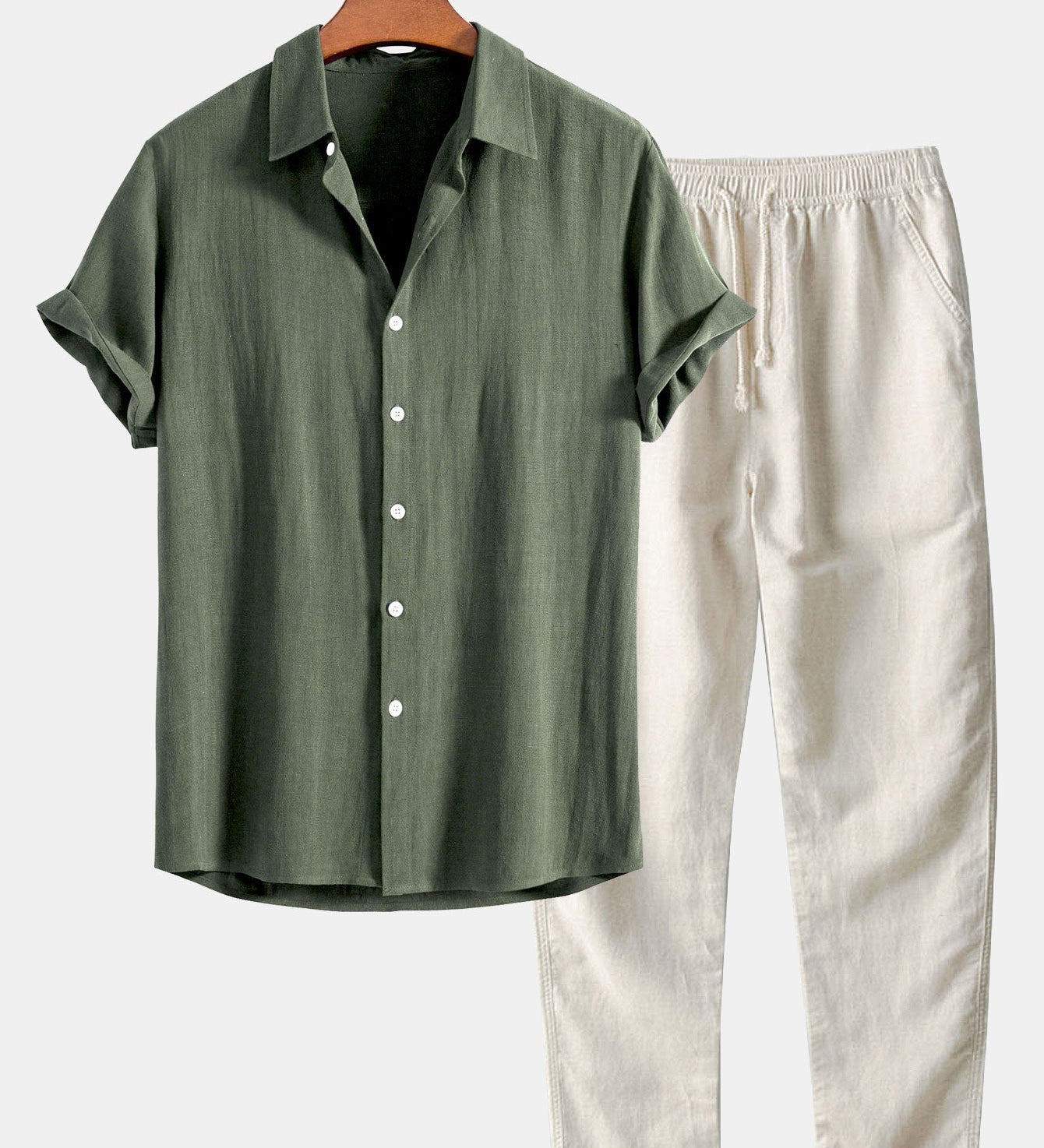 Linnen Rayon Mix Knopen Shirt & Rechte Pijpen Linnen Broek