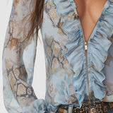 Ruffled Zip-Front Chiffon Blouse In Serene Blue Print