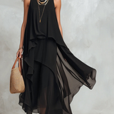 Bohemian Black Layered Chiffon Maxi Dress