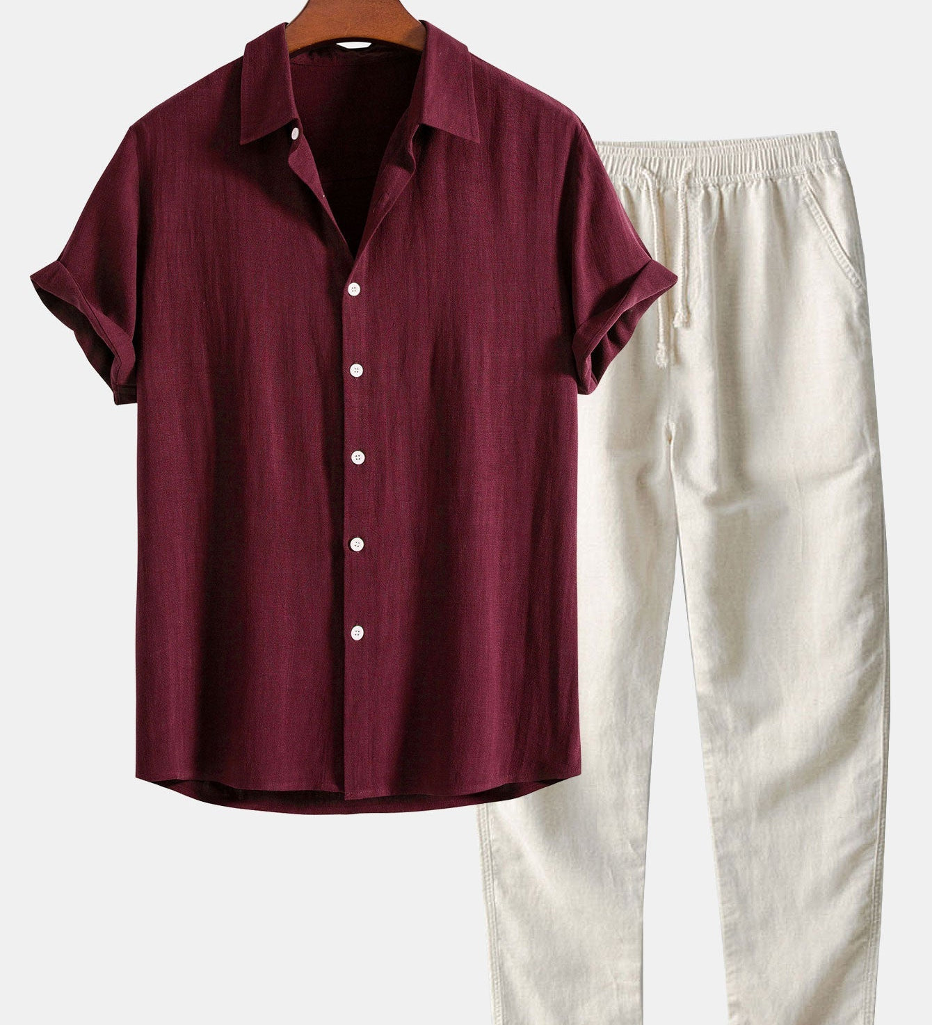 Linnen Rayon Mix Knopen Shirt & Rechte Pijpen Linnen Broek