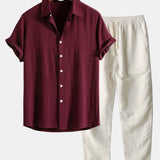Linnen Rayon Mix Knopen Shirt & Rechte Pijpen Linnen Broek